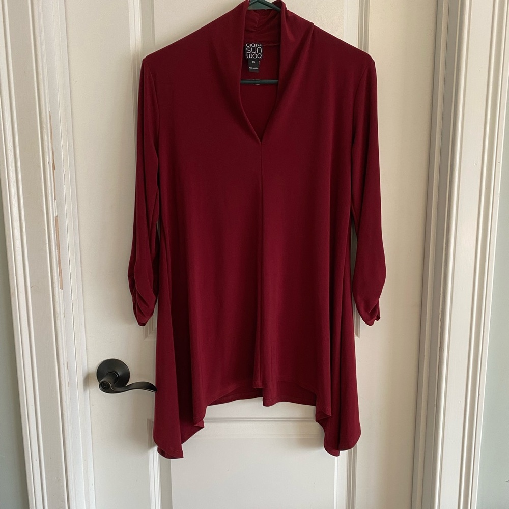 Clara Sun Woo Deep Red/Wine Asymmetrical Hem Tunic Top